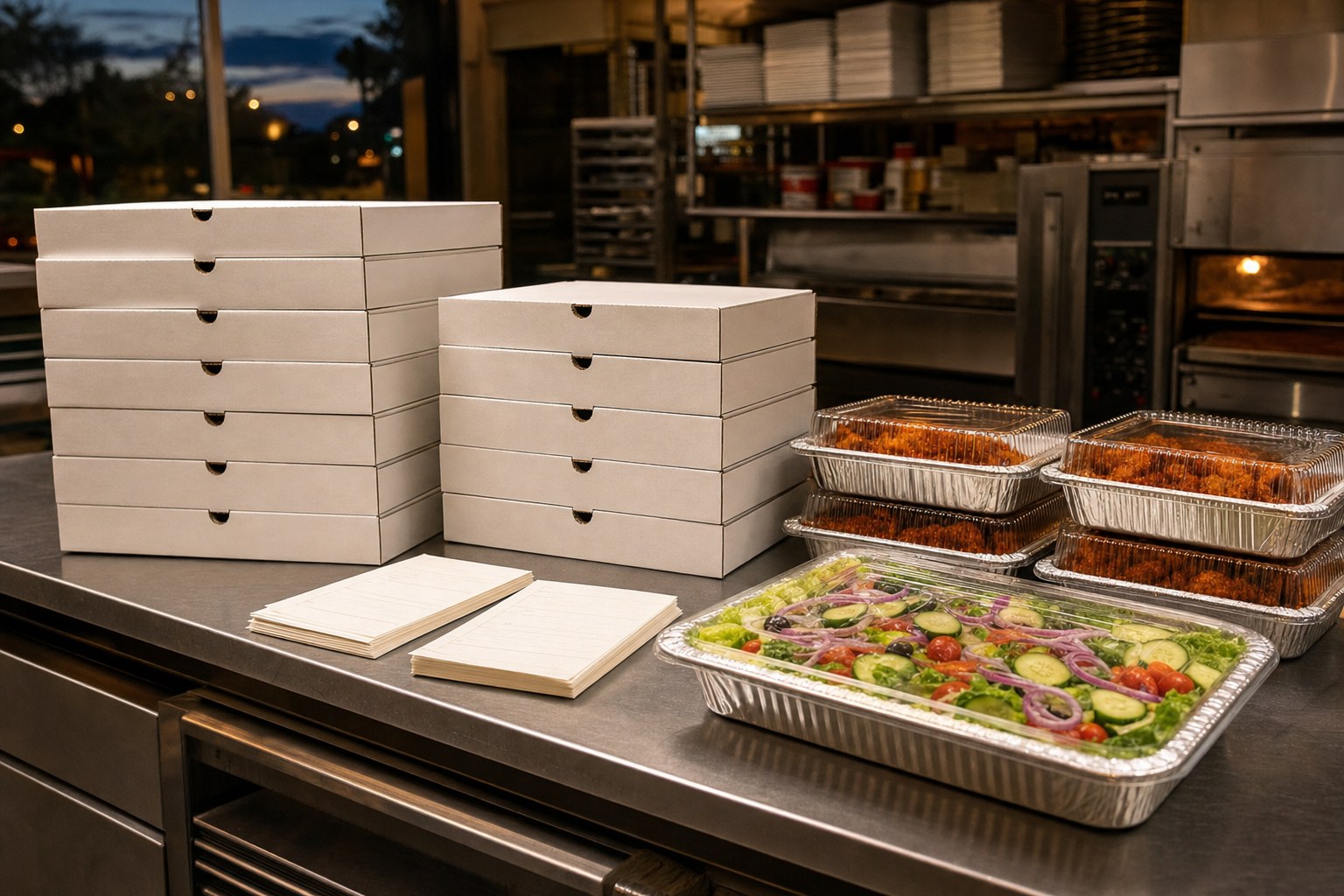 Pizzeria party order prepared for pickup
