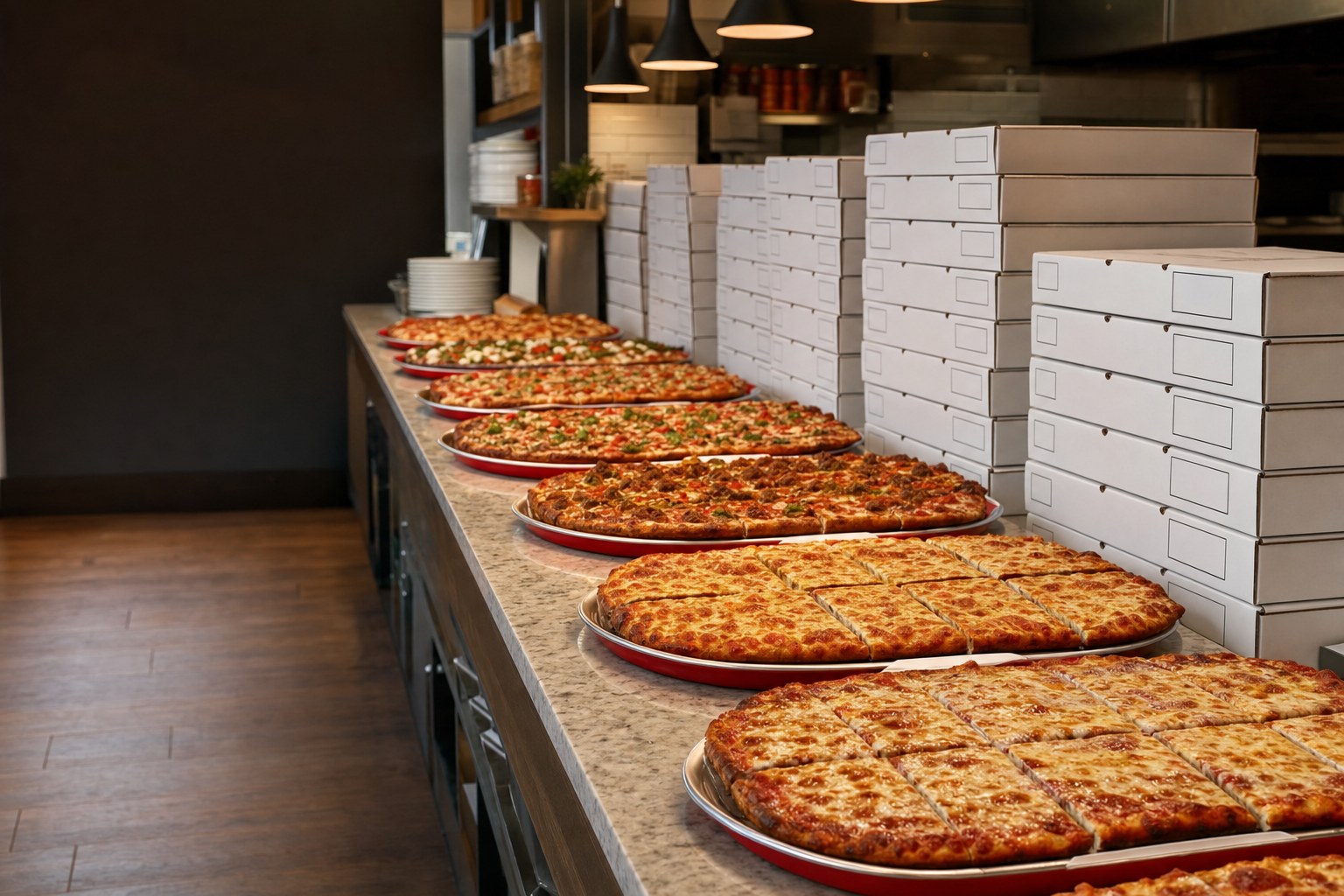 Red and white square-cut pizza trays beside stacks of labeled pizza boxes