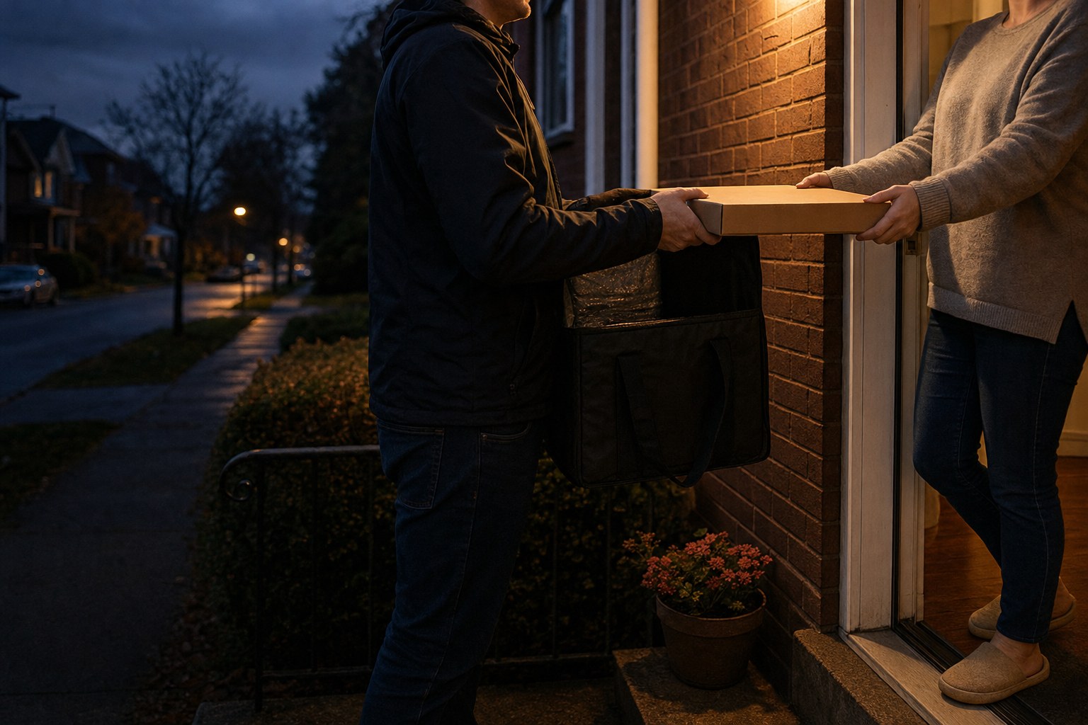 A delivery driver handing a pizza box from an insulated bag at a brick house at dusk