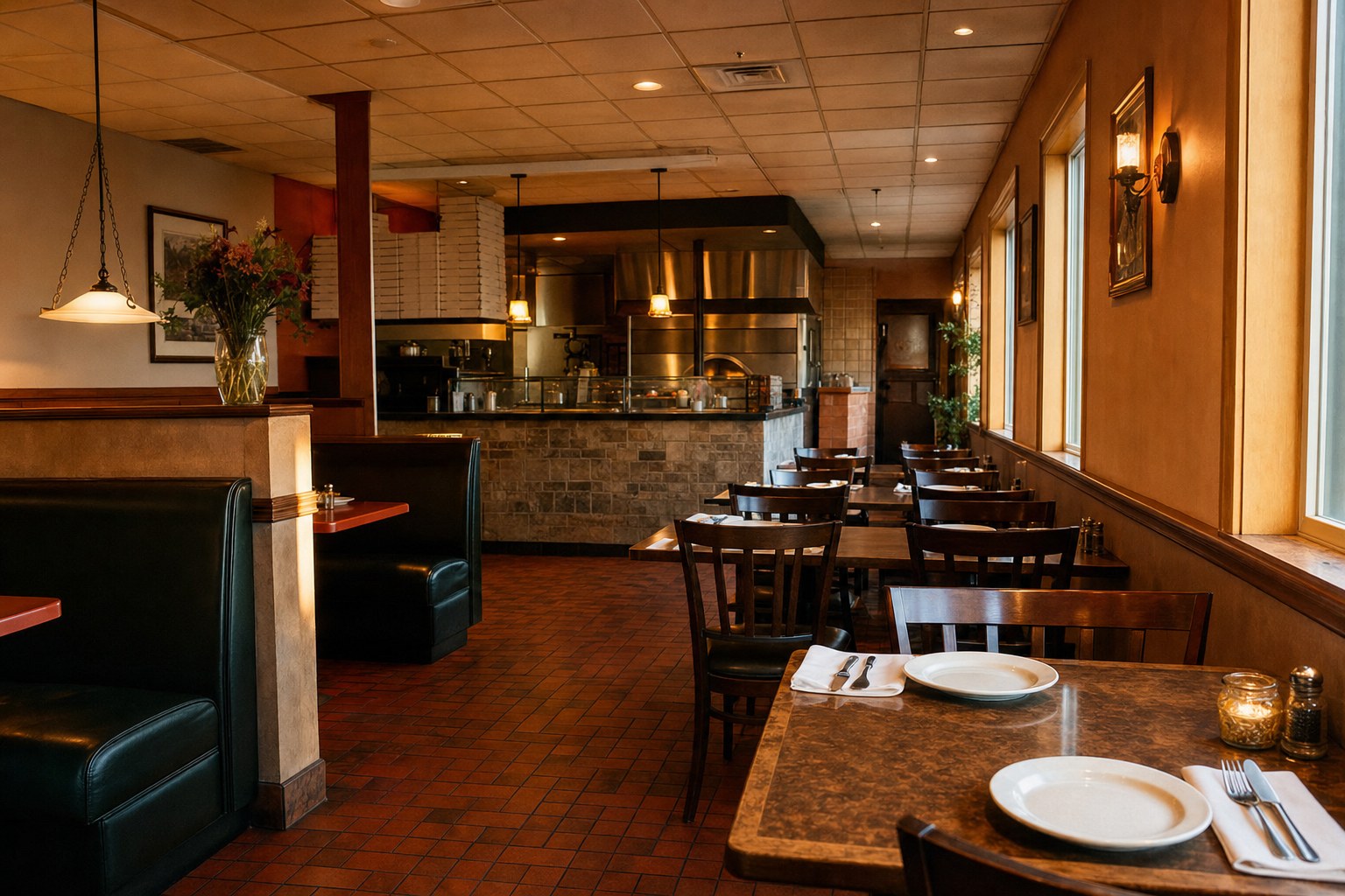 Warm dining room inside a neighbourhood pizzeria