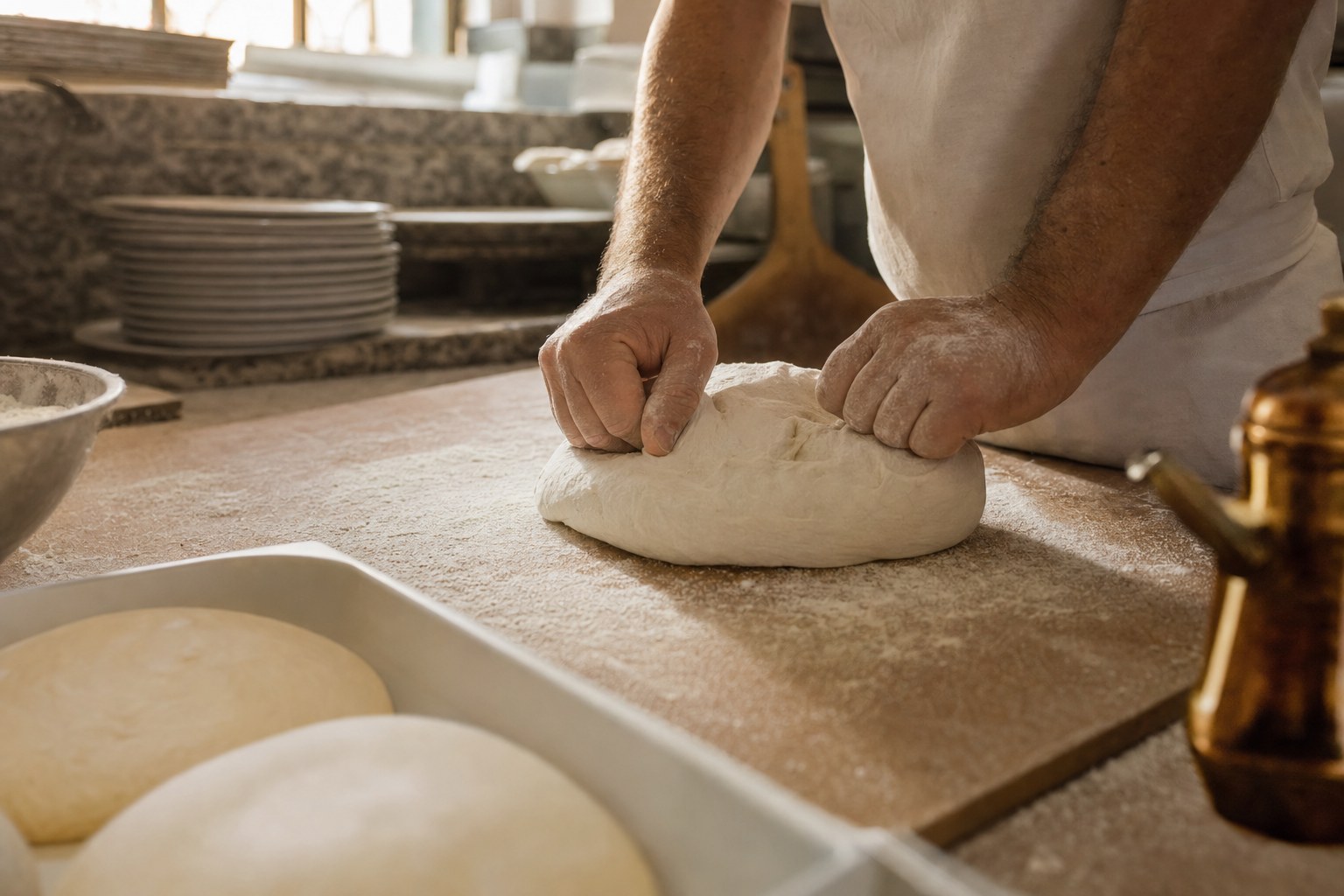 Hands shaping pizza dough on a flour-dusted workbench