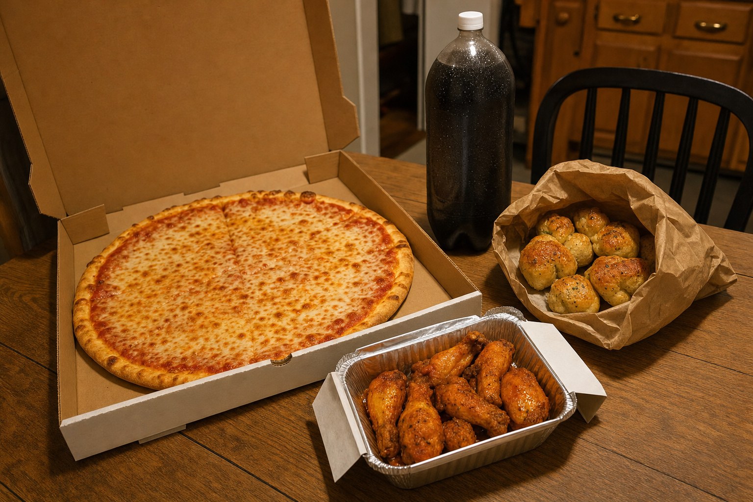 Tuesday family night deal with a cheese pie, wings, garlic knots, and a 2-liter soda on a kitchen table