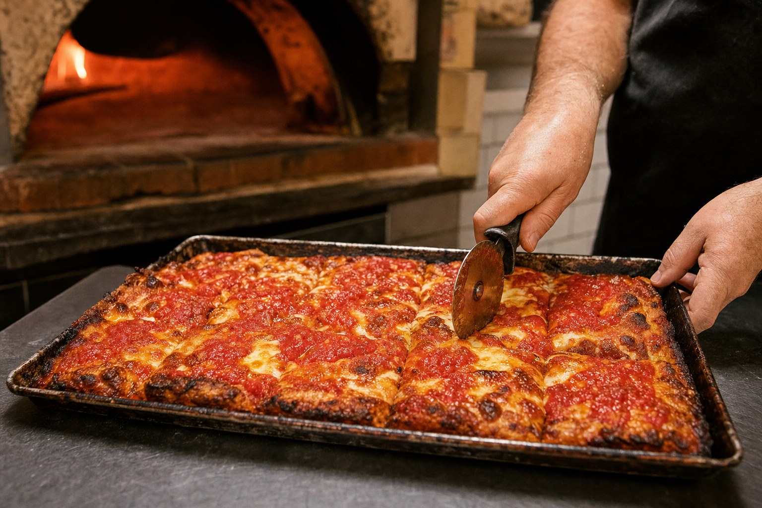 Fresh red Old Forge-style tray being cut in a pizzeria kitchen