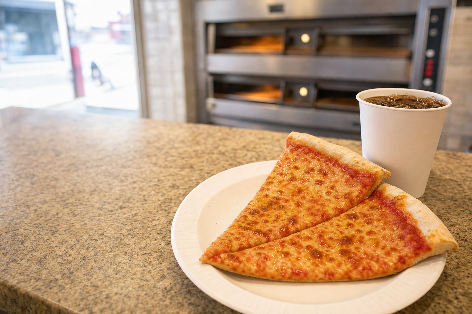 Two cheese slices and a fountain soda on a paper plate at the counter