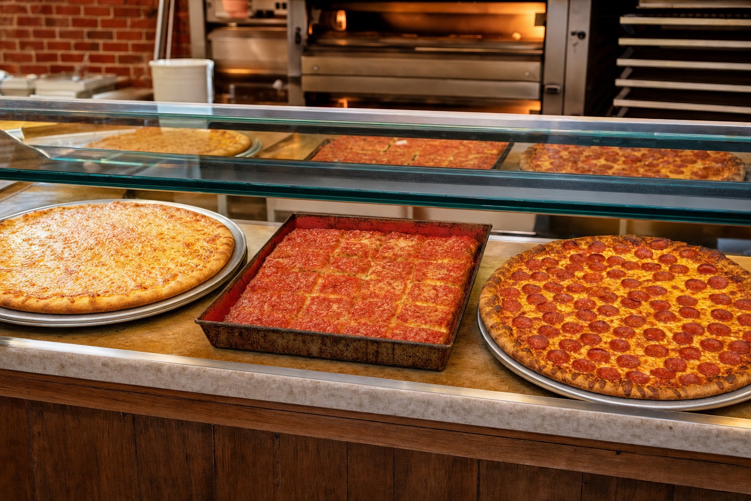 Slice case with whole cheese and pepperoni pies and a red Old Forge-style tray cut into squares
