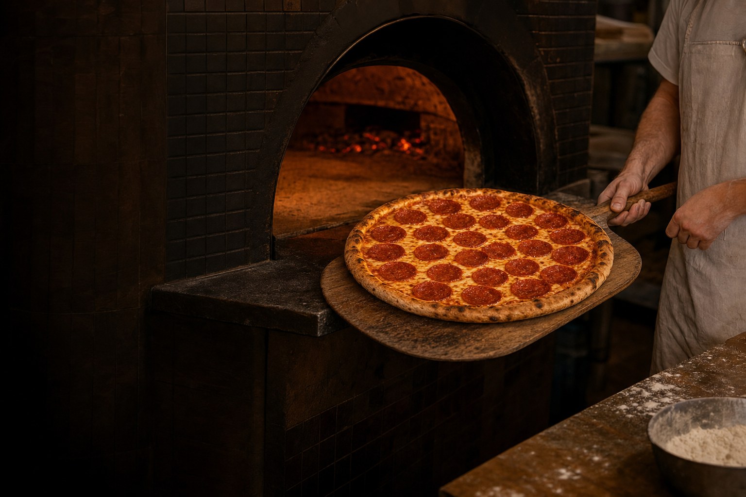 An 18-inch pepperoni pizza coming out of a deck oven on a wooden peel