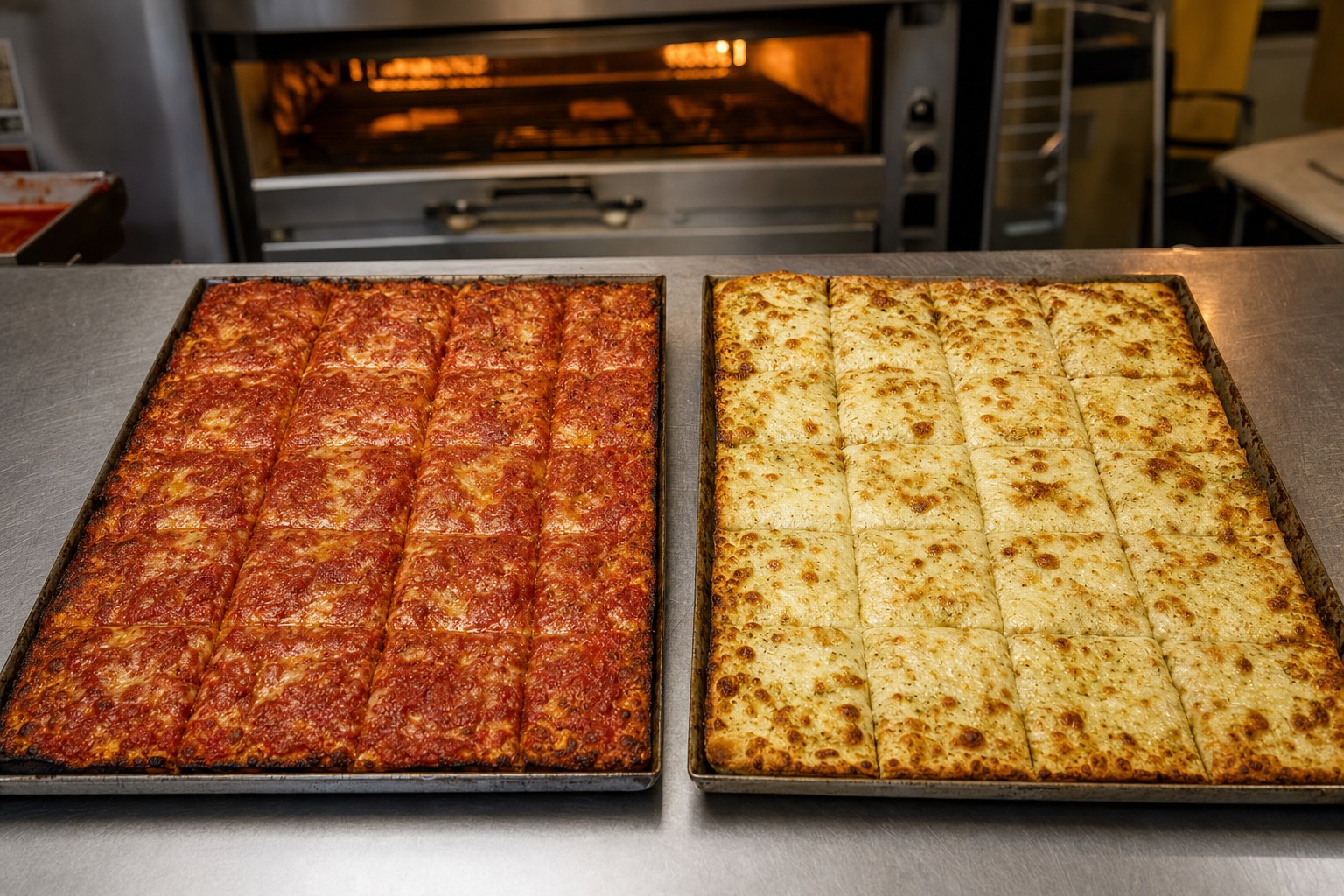 Red and white Old Forge-style trays, both cut into square pieces, on a steel counter