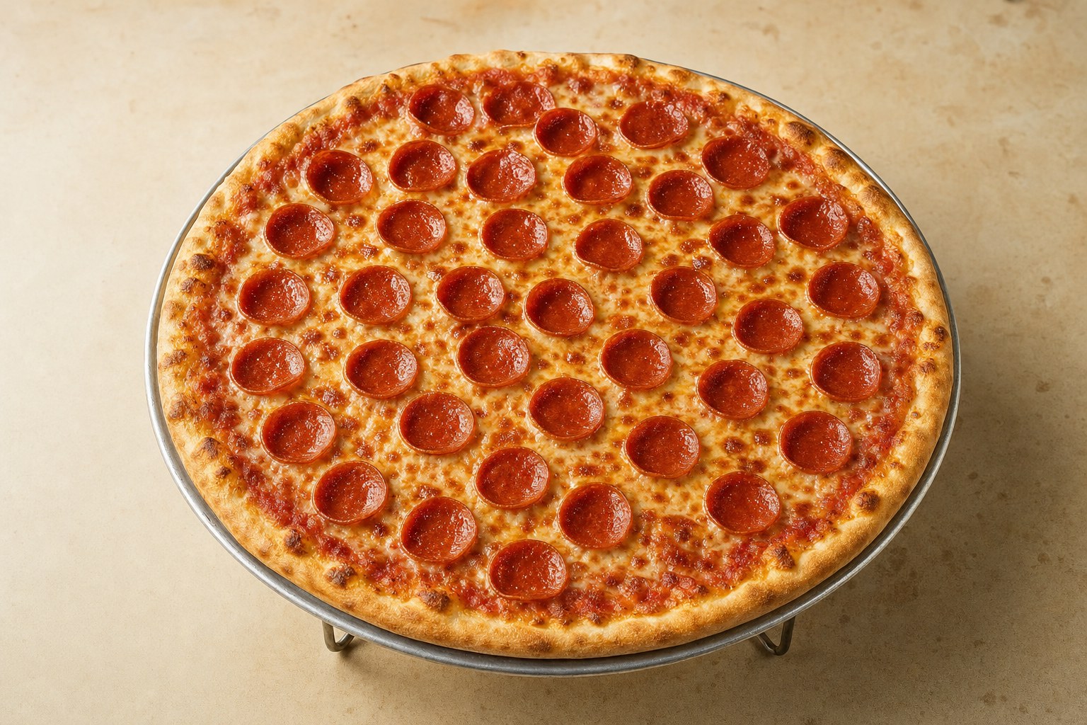 Round pepperoni pizza fresh from the oven